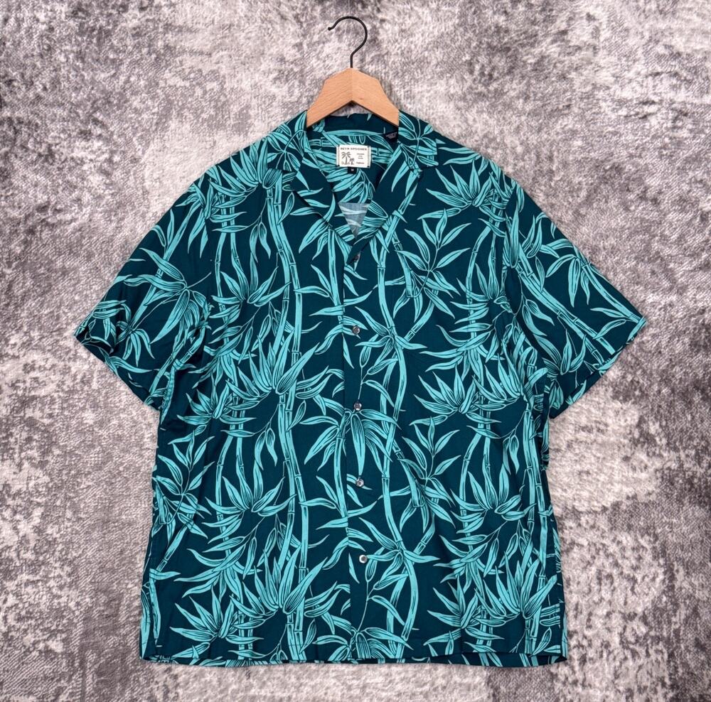 Reyn Spooner Hawaiian Shirt Medium Mens Japanese Rayon Bamboo Print Blue Green